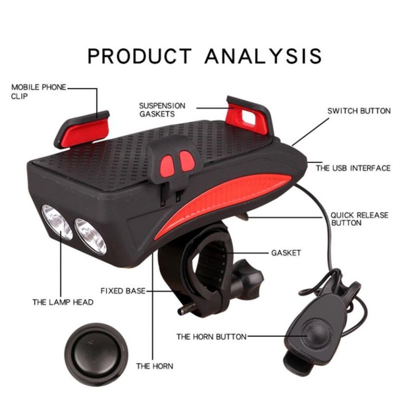 Multi-função 4 em 1 MTB Bicycle Light USB Recarregável LED Bicicleta Cabeça Da Lâmpada Bicicleta Titular Do Telefone Potência PowerBank Ciclismo Frente Luz