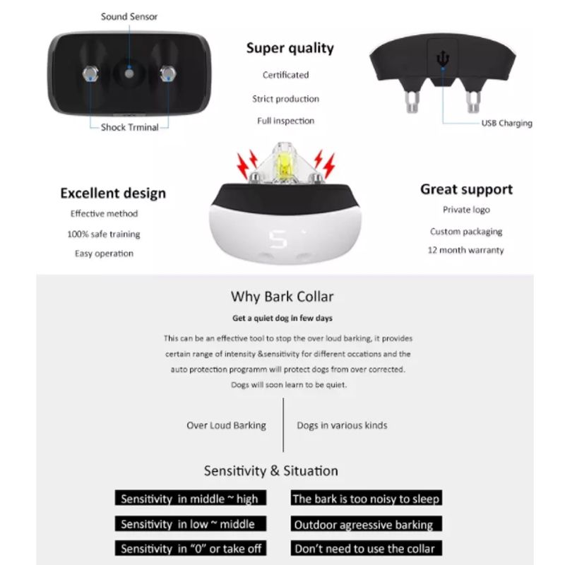 New Touch 7 Nível Sn Cachorro Casca de Choque Treinamento Colarinho Impermeável Recarregável Choque Estático Anti No Bark Colar Cão Treinamento
