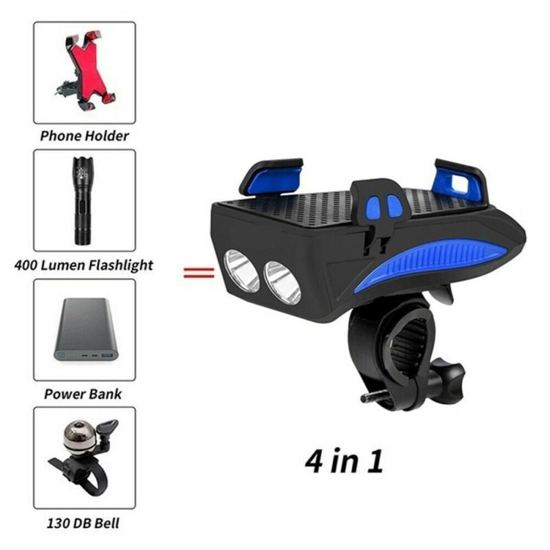 Multi-função 4 em 1 MTB Bicycle Light USB Recarregável LED Bicicleta Cabeça Da Lâmpada Bicicleta Titular Do Telefone Potência PowerBank Ciclismo Frente Luz