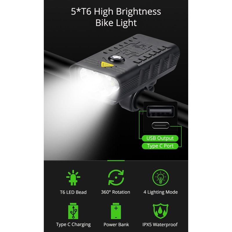 Luzes dianteiras de bicicleta TK5 5x T6 5000 Lumens USB Farol de bicicleta recarregável para a noite