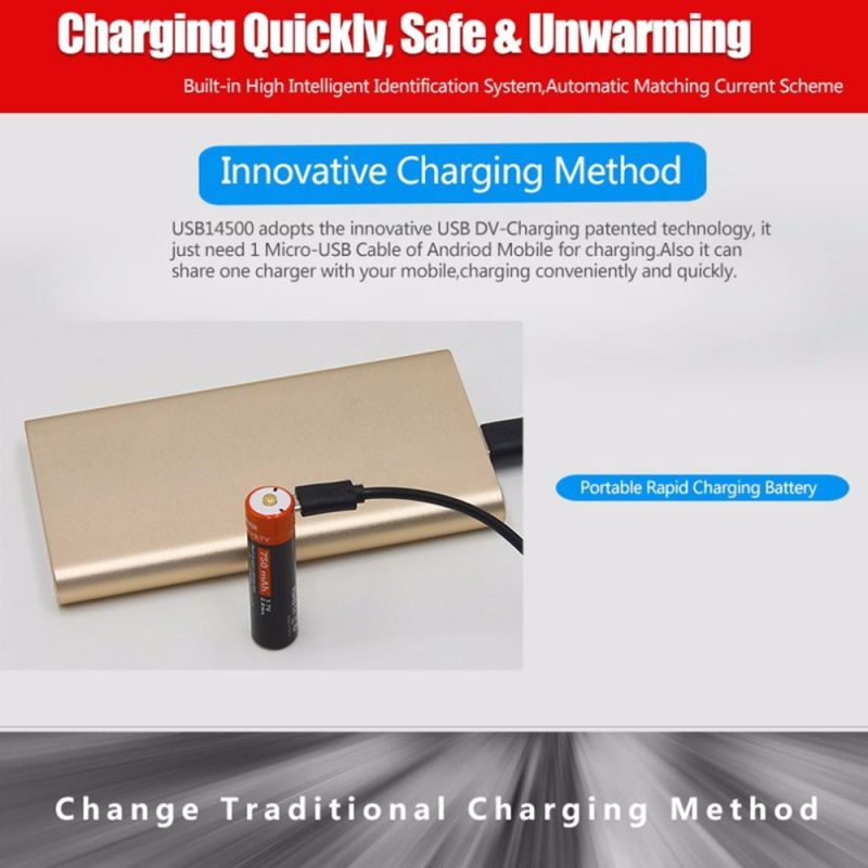 14500 750mAh 3.7V Micro USB Recarregável Li-ion Bateria