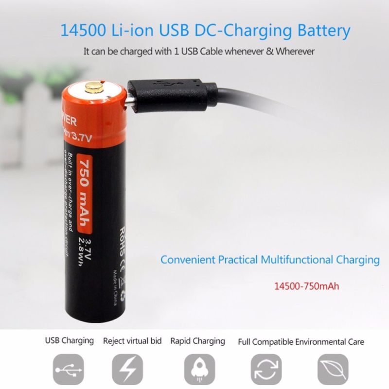 14500 750mAh 3.7V Micro USB Recarregável Li-ion Bateria