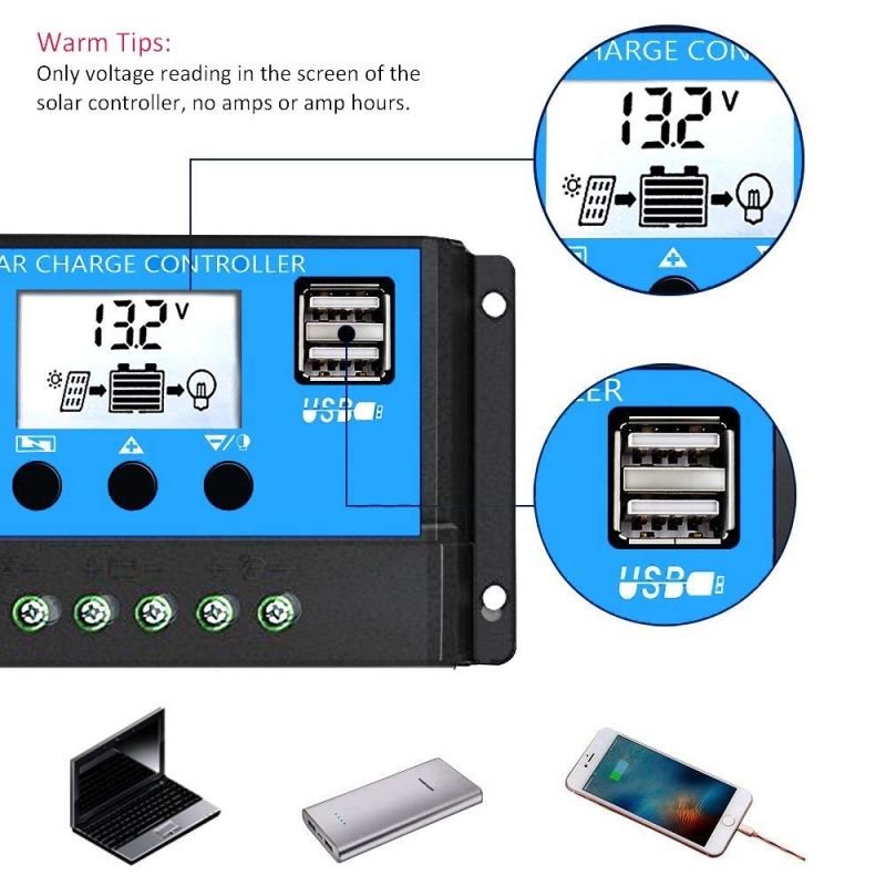 60A / 50A / 40A / 30A / 20A / 10A 12V 24V Auto Charge Solar Controlador PWM Controladores LCD Dual USB 5V Saída Solar Painel PV Regulador PV
