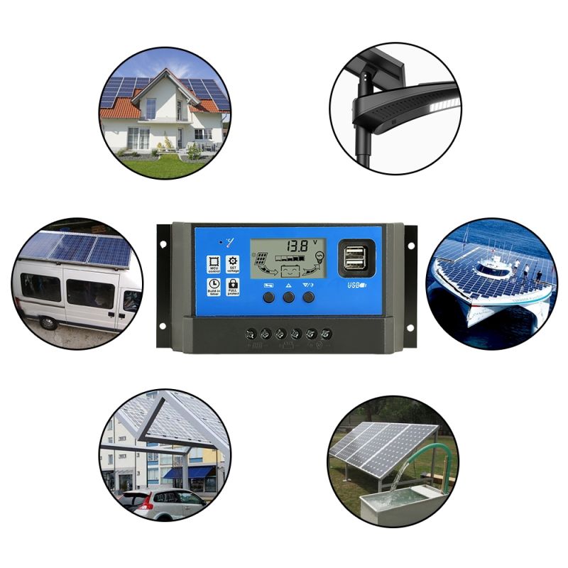 60A / 50A / 40A / 30A / 20A / 10A 12V 24V Auto Charge Solar Controlador PWM Controladores LCD Dual USB 5V Saída Solar Painel PV Regulador PV