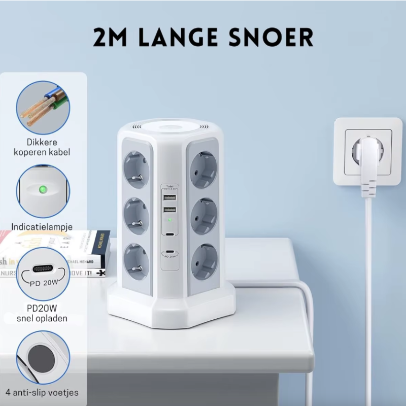 EU Multi-socket surge Protector 4000W 16A with USB port, multi-plug with night light