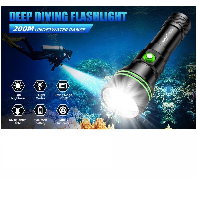 P70 Diving Flashlight, Dive Torch 5000 Lumen Super Bright Flash Lights, IPX8 Underwater Waterproof Night Dive Torch 200 Meters Submersible Light