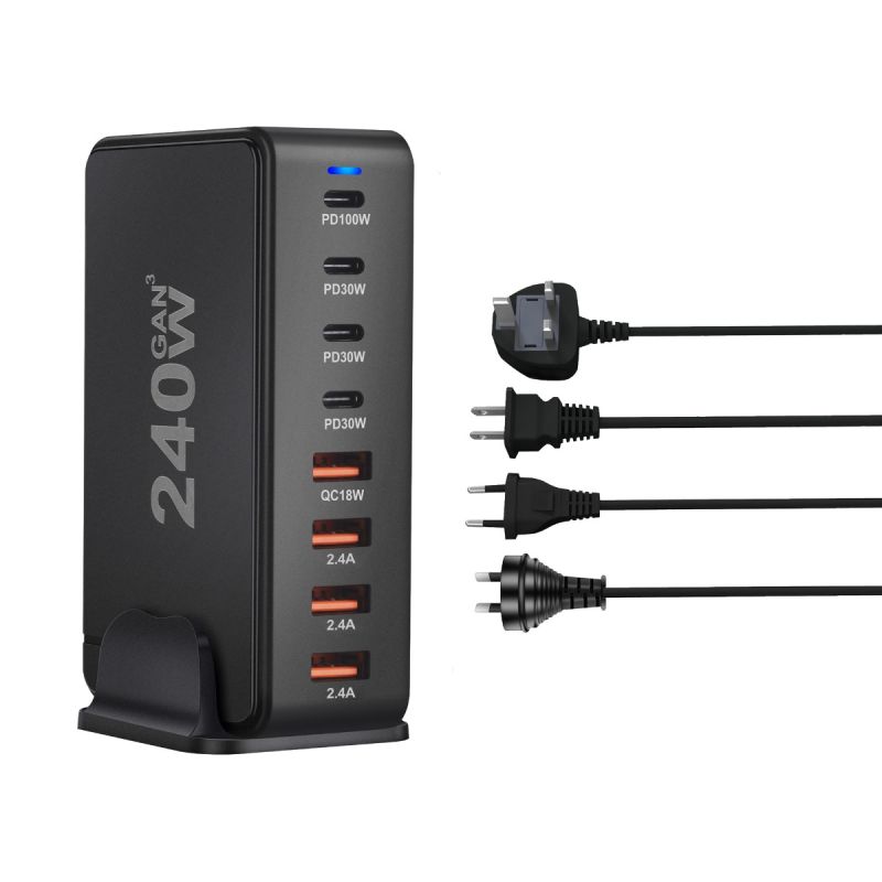 240W Desktop GaN Charger 8-port USB Type C PD Fast Charge Mobile Charger Smart Technology Multi-Device Hub