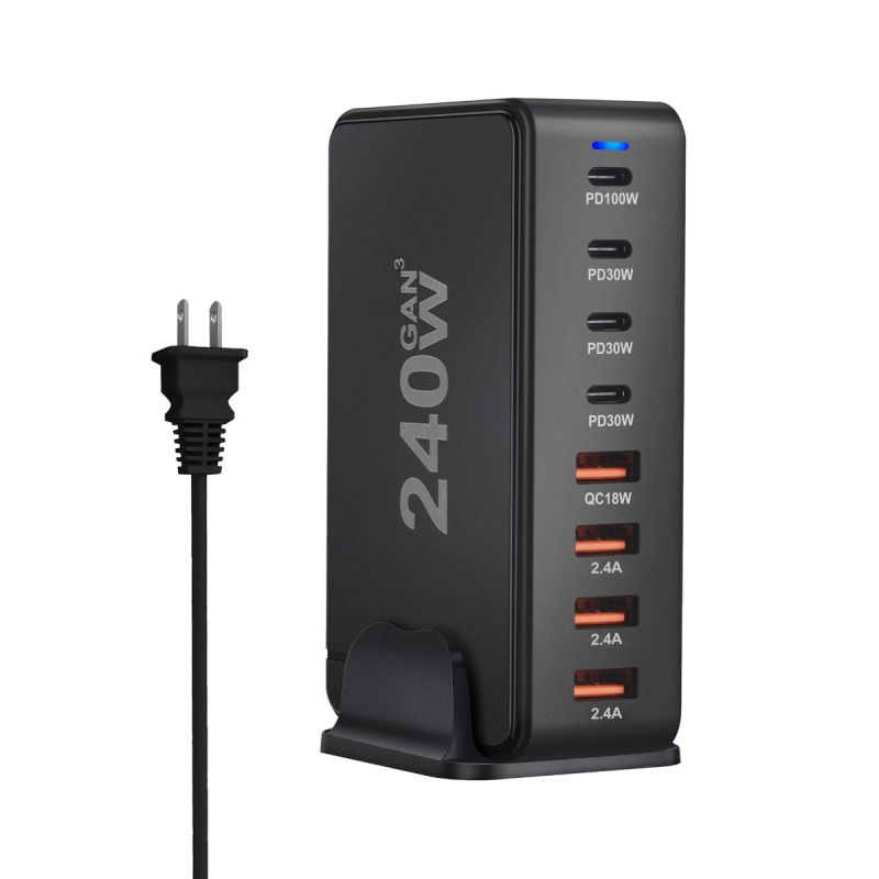 240W Desktop GaN Charger 8-port USB Type C PD Fast Charge Mobile Charger Smart Technology Multi-Device Hub