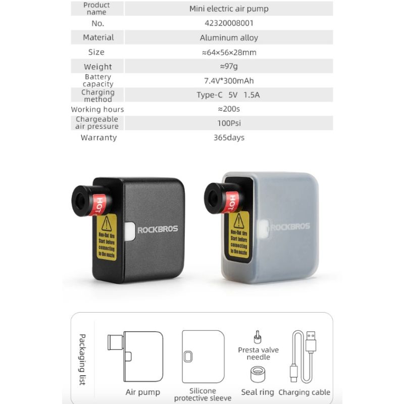 ROCKBROS Portable Mini Electric Air Pump 100PSI Rechargeable Durable Bike Motorcycle Car Tire Inflator