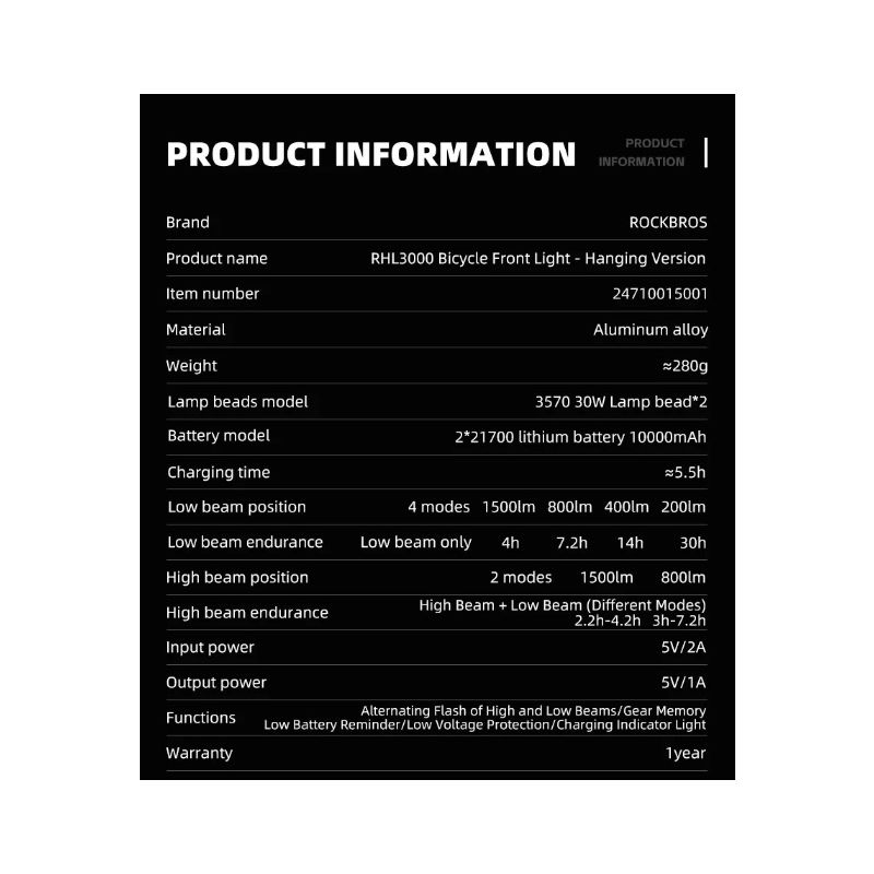 ROCKBROS RHL3000 Bike Light 3000 Lumens LED Headlight 10000mAH Battery Waterproof MTB Road Cycling Durable