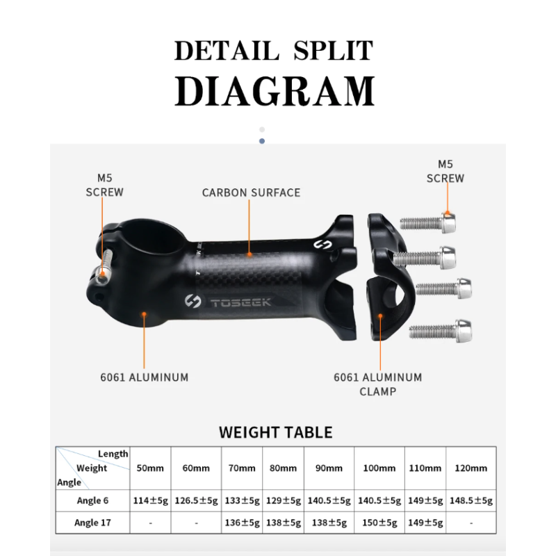 TOSEEK MTB Handlebar Stem 28.6mm Adjustable Angle Lightweight Aluminum Carbon for Cycling Enthusiasts