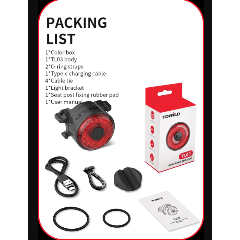 TOWILD TL03 Bicycle Smart Auto Brake Sensing Light LED Taillight Bike Accessories with Five Flash Modes