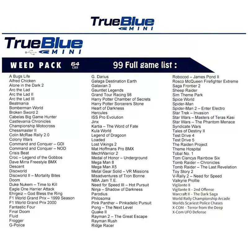 True Blue Mini Crackhead Pack 32G or 64G USB for PS ONE MINI Plug and Play Classic Gaming Nostalgia