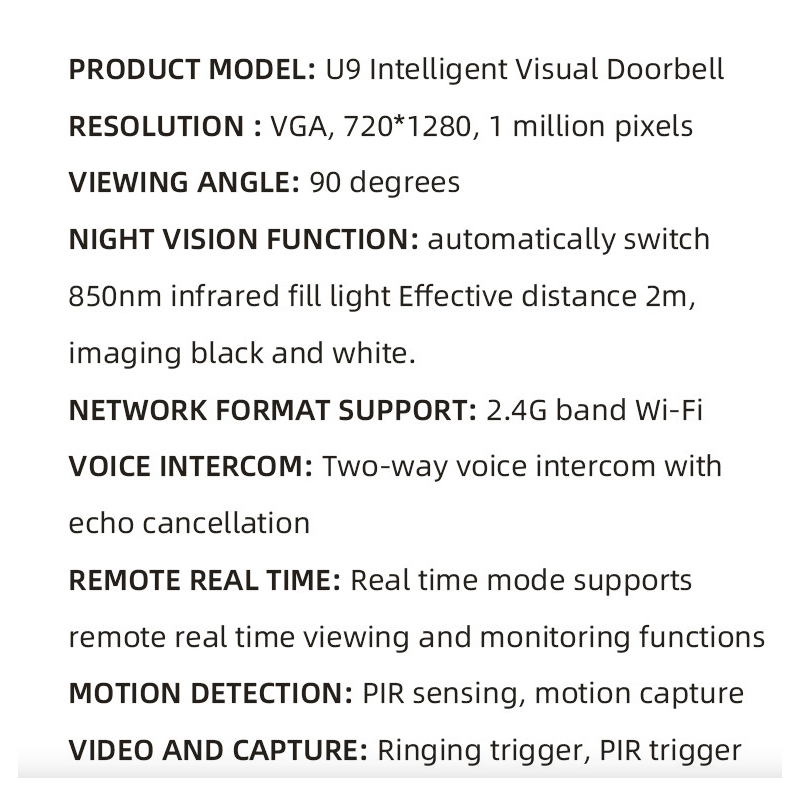 U9 Wireless Video Doorbell Video Intercom Surveillance Camera WIFI Visual Doorbell Camera Two-way Intercom