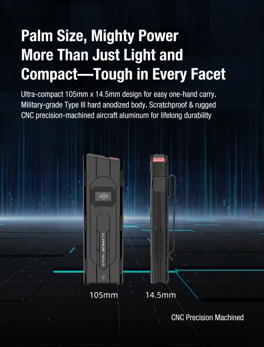 klarus X2 Ultra-Thin Palm-Sized EDC Tactical Flashlight, USB-C Rechargeable 3000 Lumens Compact & Mighty Pocket Light