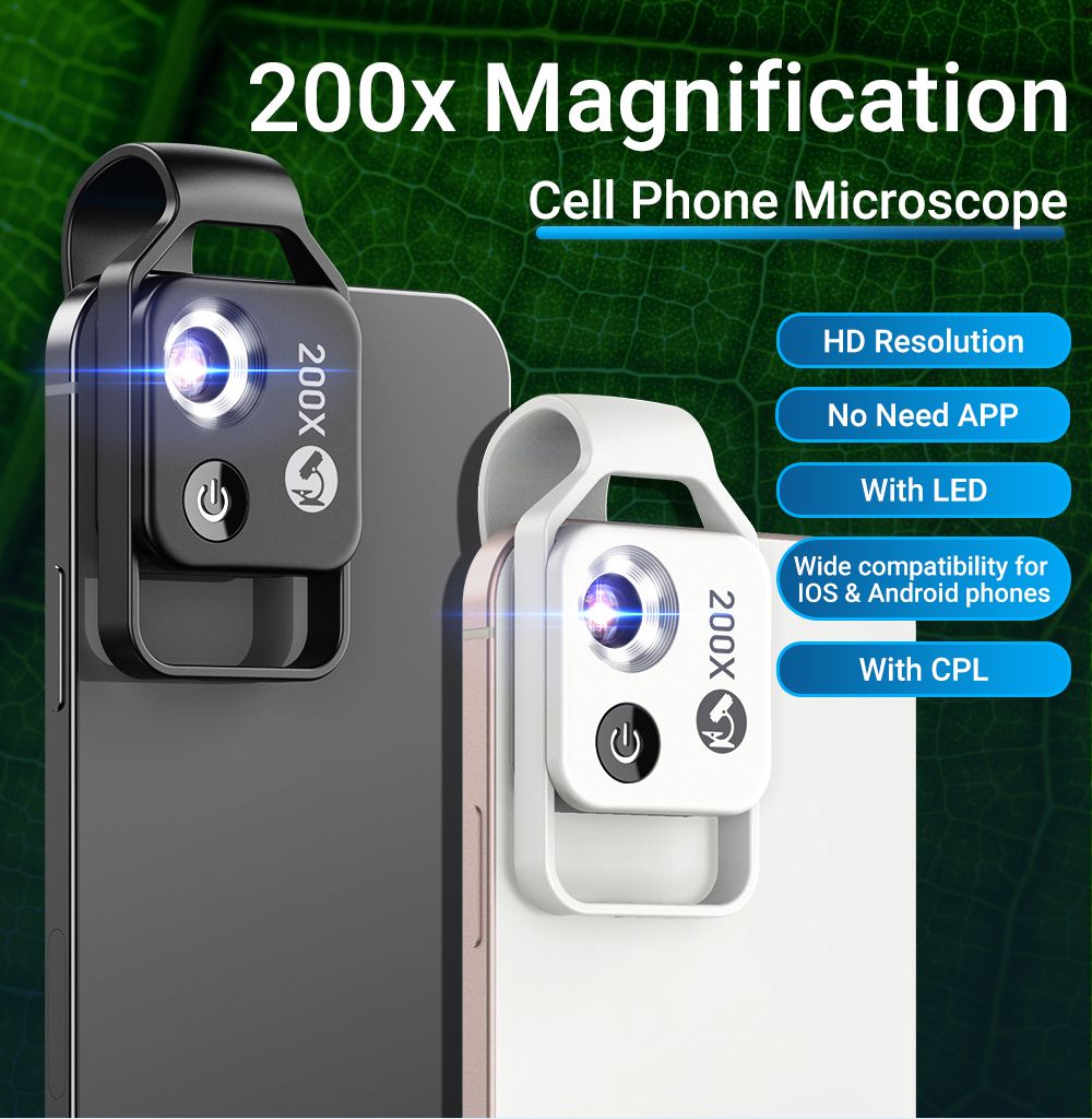 APEXEL 200X Microscope Lens with CPL Mobile LED Light for iPhone Samsung Perfect for Macro Photography