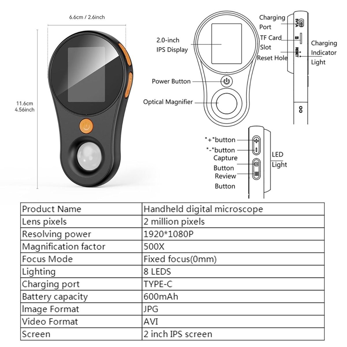 500X Magnification Digital Microscope 2MP Magnifying Glass Electronics Repair Video Coins Microscopio Handheld Dermatoscope Skin Analyzer Machine