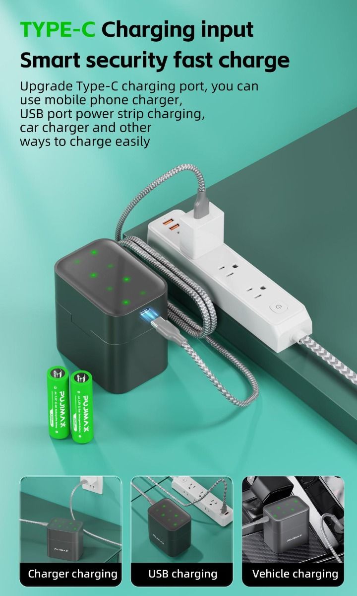 8-Slot Charger Smart Flip Top Compartment with Type-C Port for Efficient Charging of AA Lithium Batteries