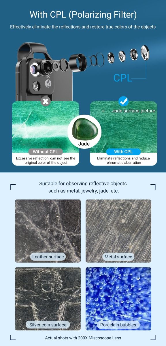 APEXEL 200X Microscope Lens with CPL Mobile LED Light for iPhone Samsung Perfect for Macro Photography
