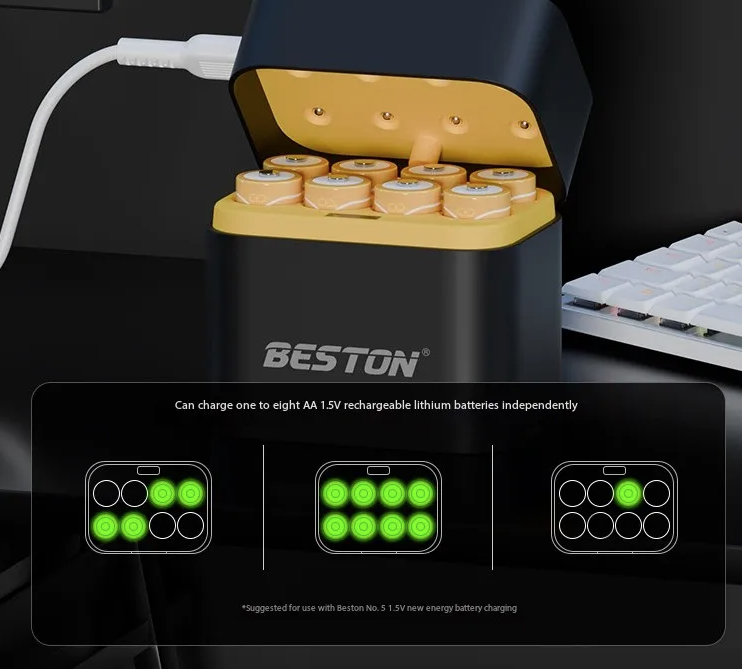 Beston Smart Battery Charger 8 Slots AA with 3600mWh 1.5V Rechargeable Lithium Battery Fast Charging Battery Charger Set