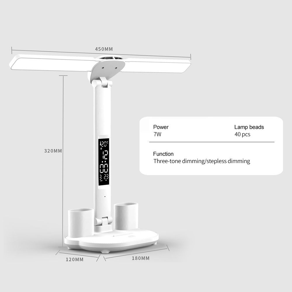 LED Desk Lamp with Pen Holder Built-in Calendar Adjustable Brightness Eye Protection for Home Office