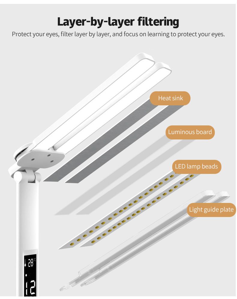 LED Desk Lamp with Pen Holder Built-in Calendar Adjustable Brightness Eye Protection for Home Office