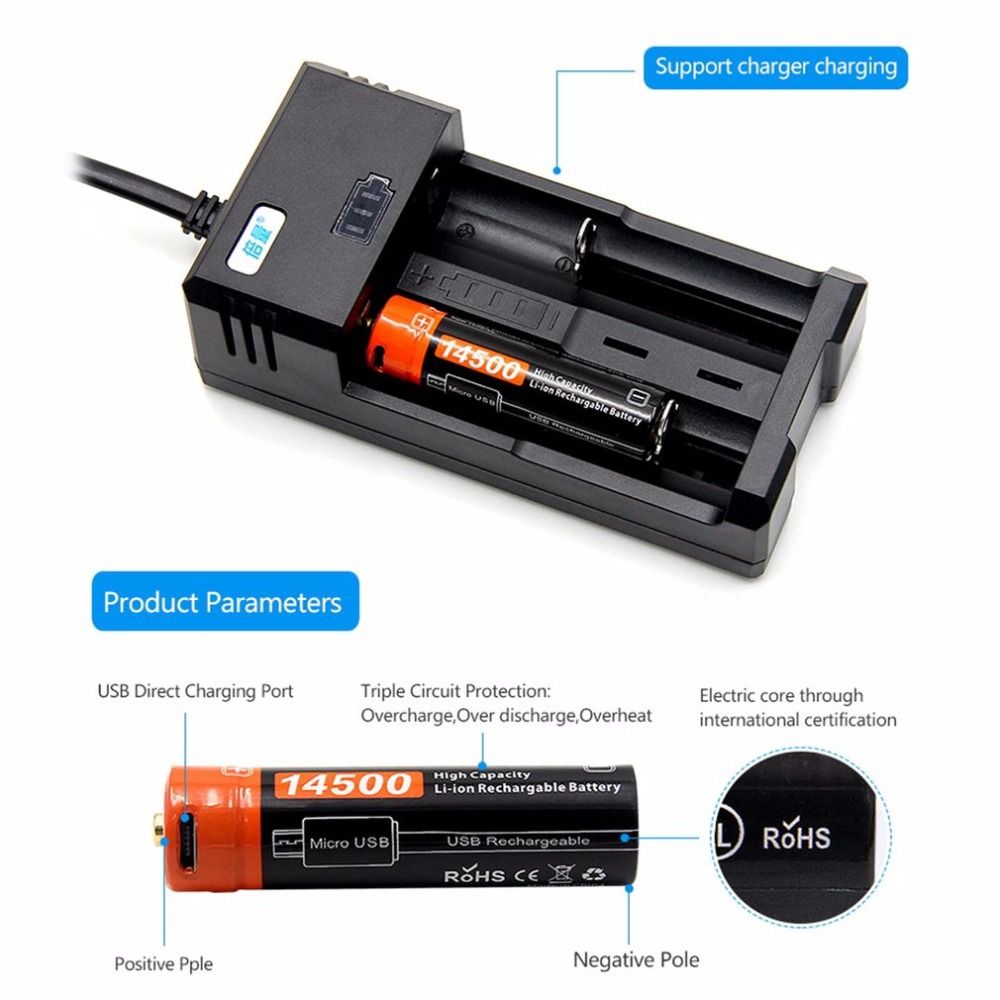14500 750mAh 3.7V Micro USB Recarregável Li-ion Bateria