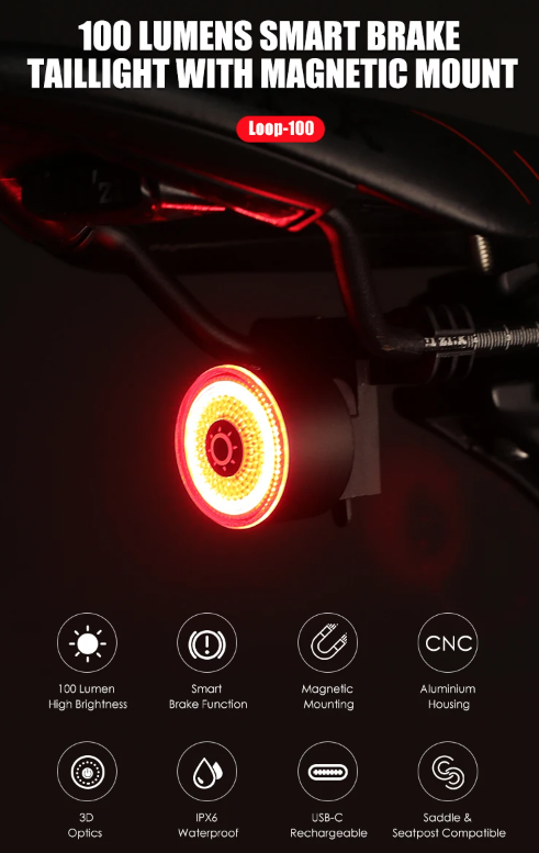 Gaciron LOOP-100 High Brightness Bike Tail Light Brake Sensor Aluminum Alloy for Urban and Trail Cycling