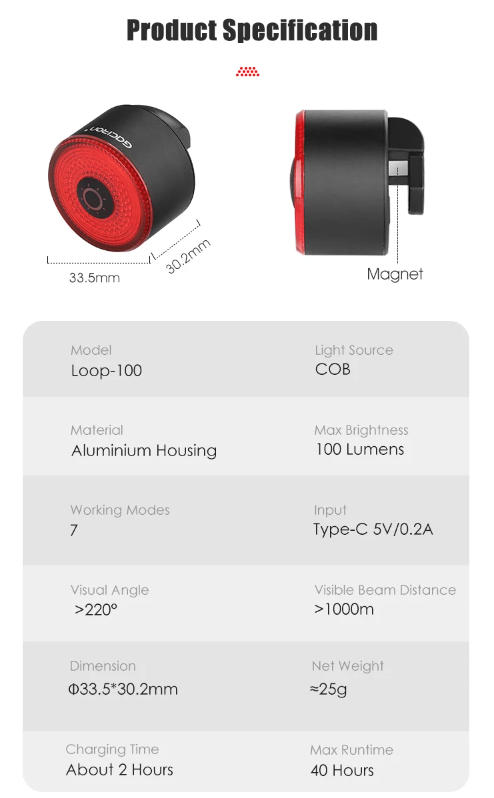 Gaciron LOOP-100 High Brightness Bike Tail Light Brake Sensor Aluminum Alloy for Urban and Trail Cycling