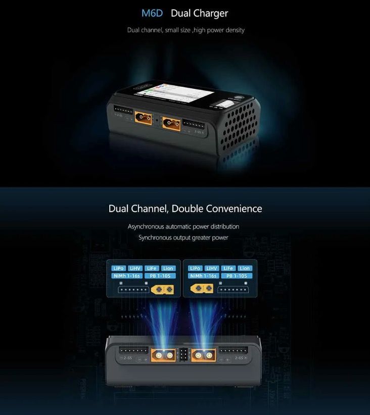 ToolkitRC M6D 500W 15A DC Dual Channel MINI Smart Charger Discharger for RC Electric Flight and Racing