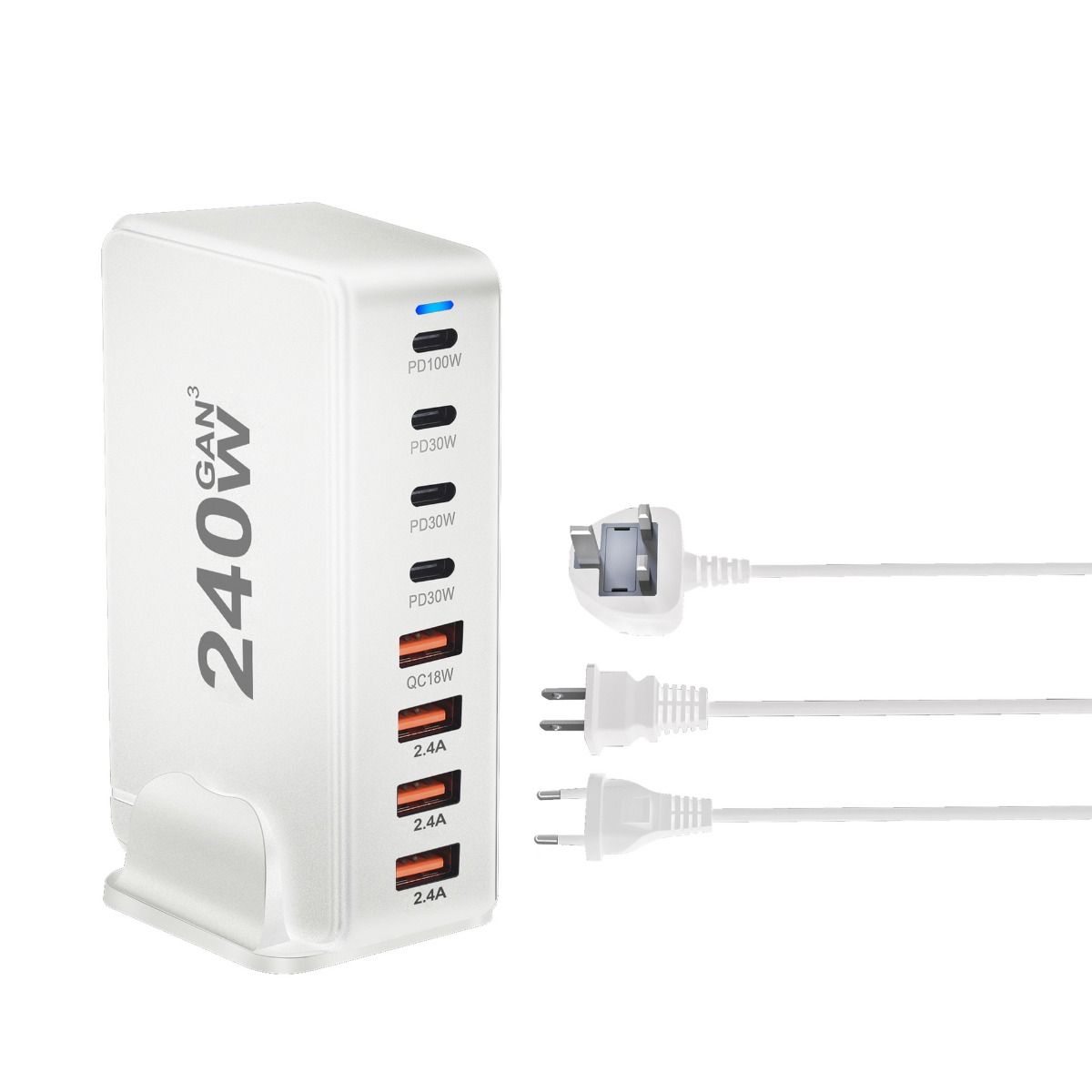 240W Desktop GaN Charger 8-port USB Type C PD Fast Charge Mobile Charger Smart Technology Multi-Device Hub