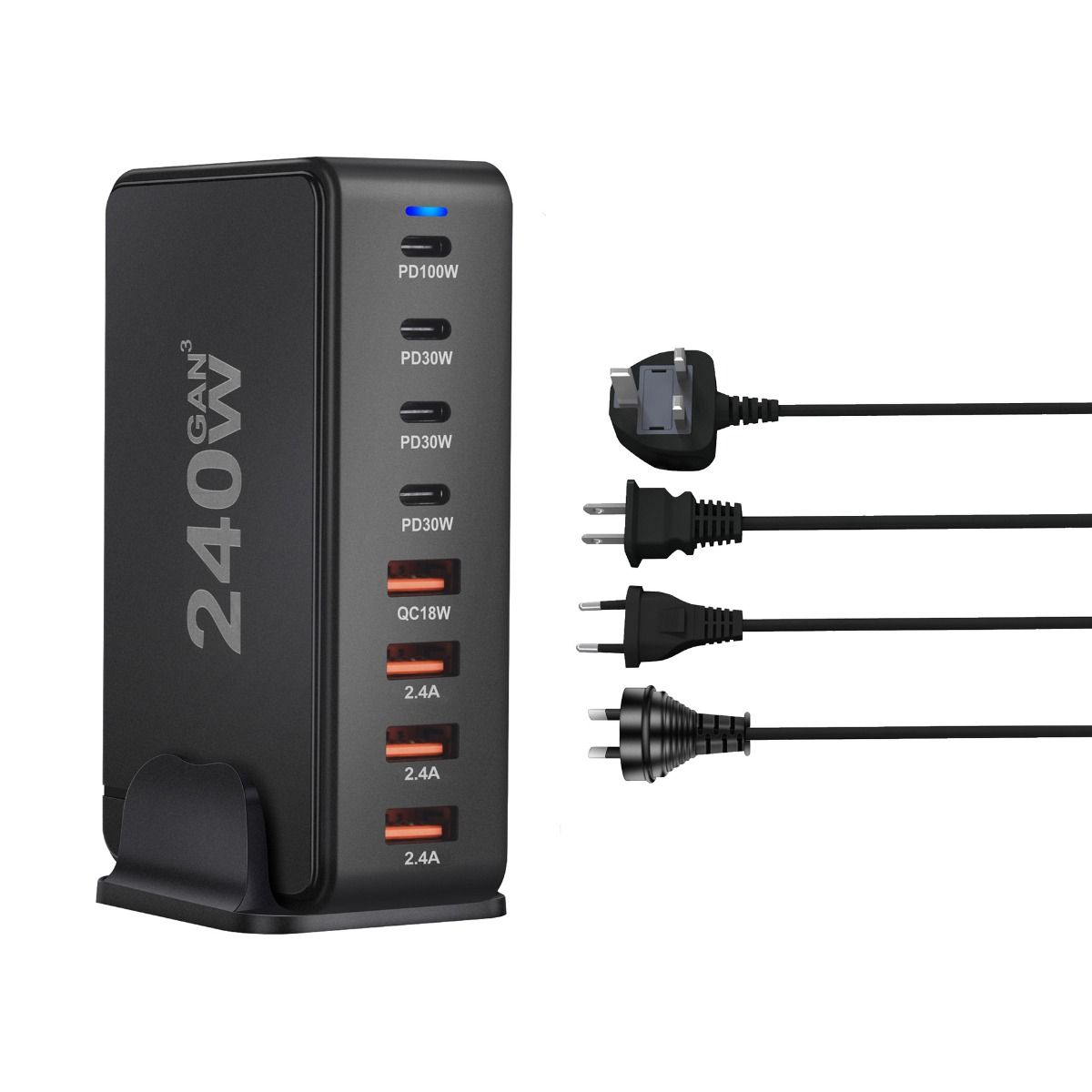 240W Desktop GaN Charger 8-port USB Type C PD Fast Charge Mobile Charger Smart Technology Multi-Device Hub