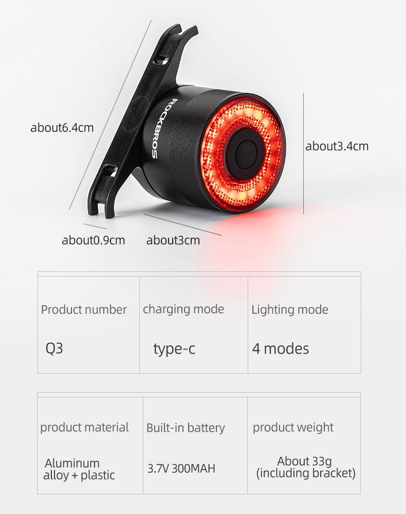 ROCKBROS Q3 Bike Tail Light with Smart Brake Sensor IPX6 Waterproof for MTB and Road Cycling Safety