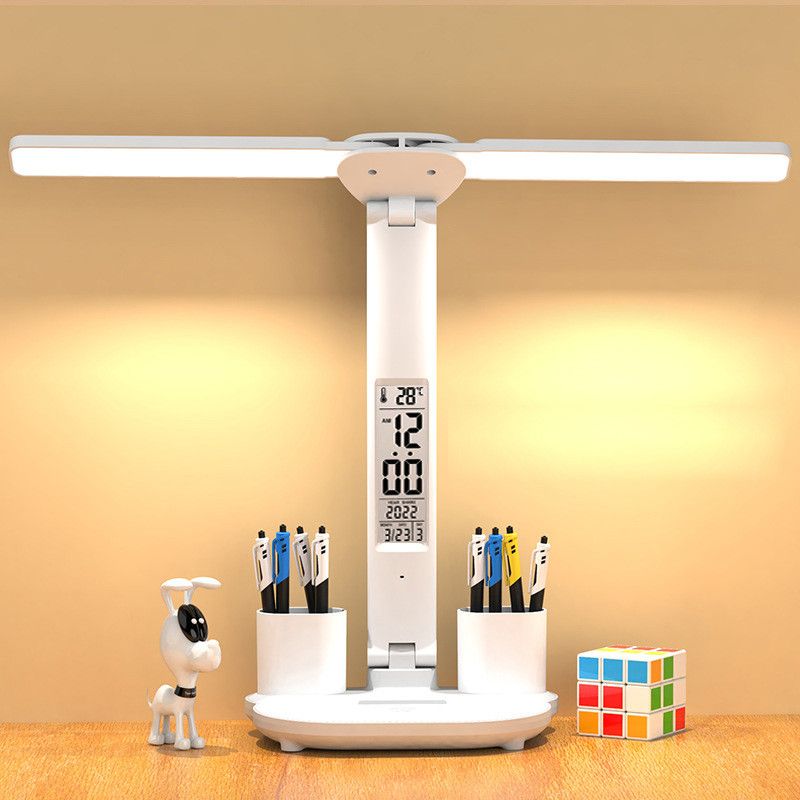 LED Desk Lamp with Pen Holder Built-in Calendar Adjustable Brightness Eye Protection for Home Office