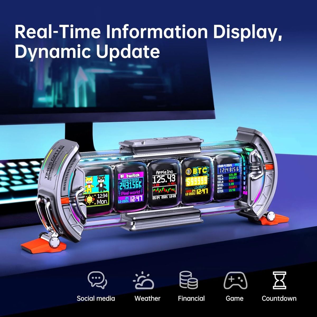 Divoom Times Gate - Cyberpunk Gaming Setup Digital Alarm Clock, Smart APP, WiFi Connect, RGB LED Display, Personalized Financial & Bitcoin Dashboard, Pixel Art for Gaming Room & Office Decor